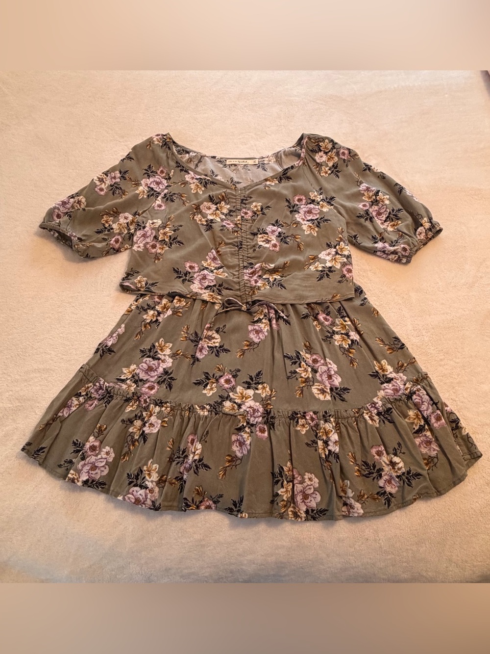 Juniors Olive Floral Two Piece Set
